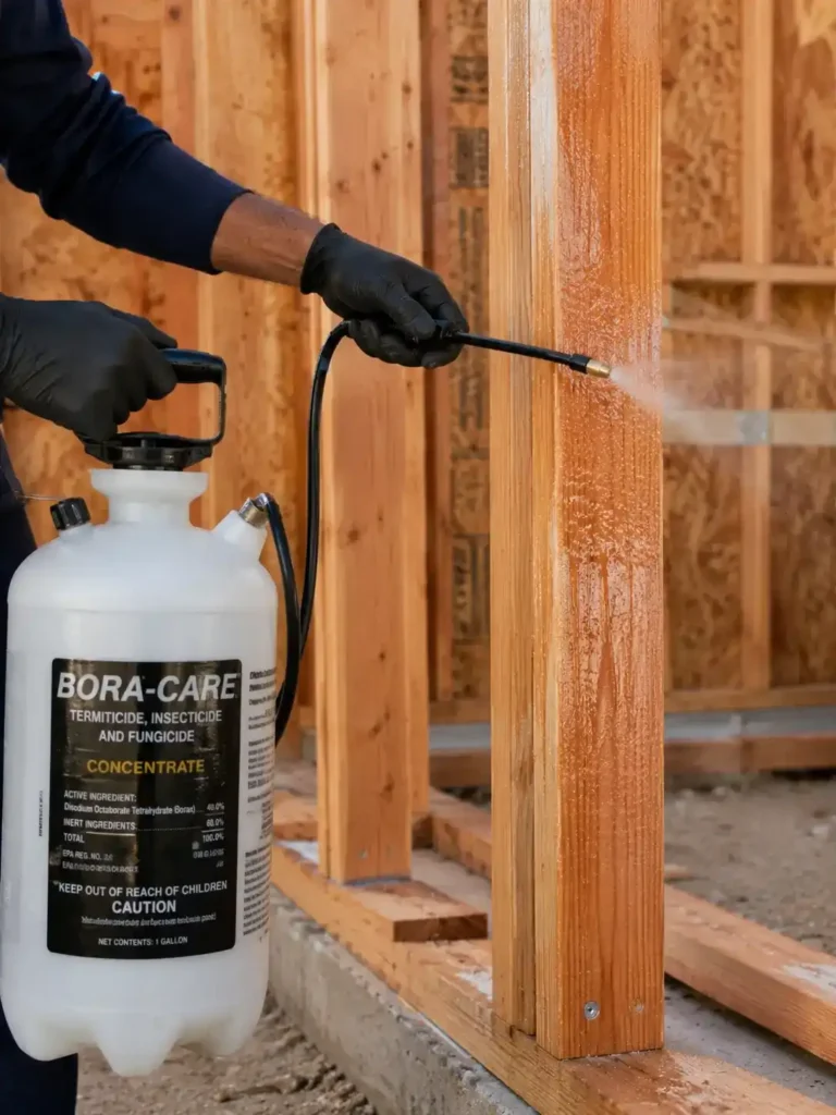 Spraying termite treatment on wooden studs in Sacramento - Sacto