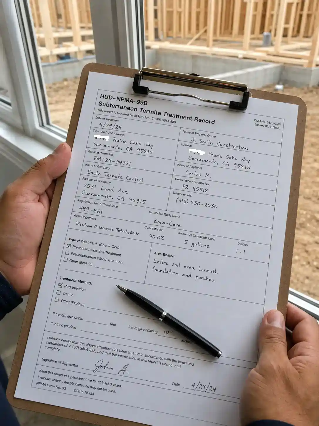 Termite treatment report at construction site in Sacramento - Sacto