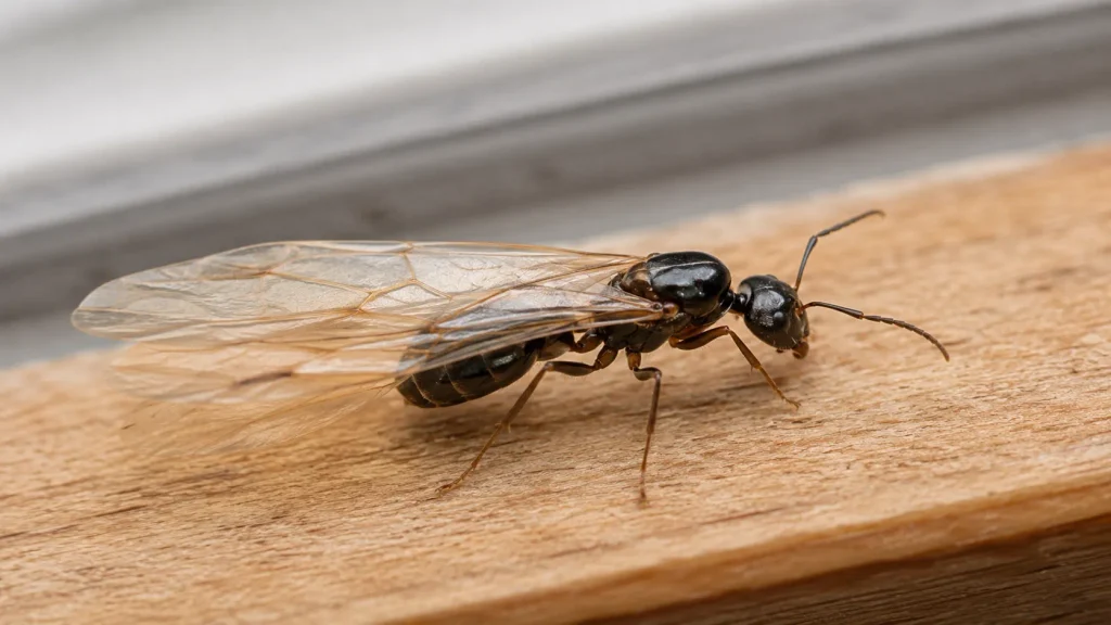 Flying ant close-up on a wooden windowsill, Sacramento home