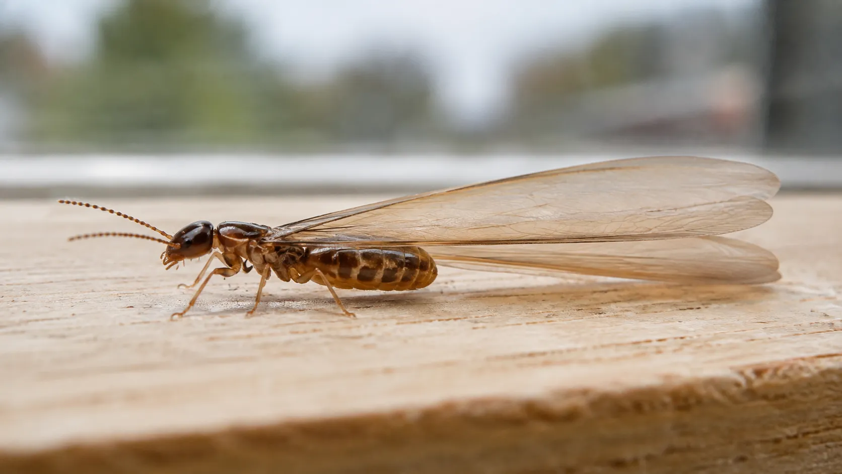 Termite swarmer close-up on a wooden windowsill, Sacramento home