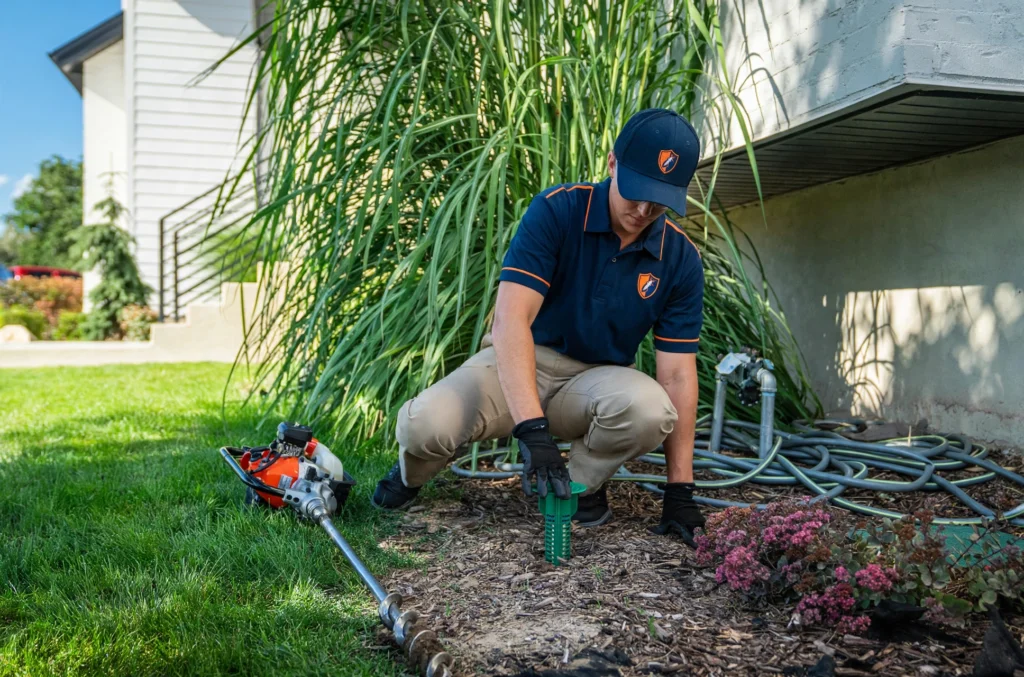 Permanent Ways to Get Rid of Termites in Your Lawn or Garden 1 Sacto Termite Control technician in company uniform installing a green termite bait station in a garden mulch bed beside a house