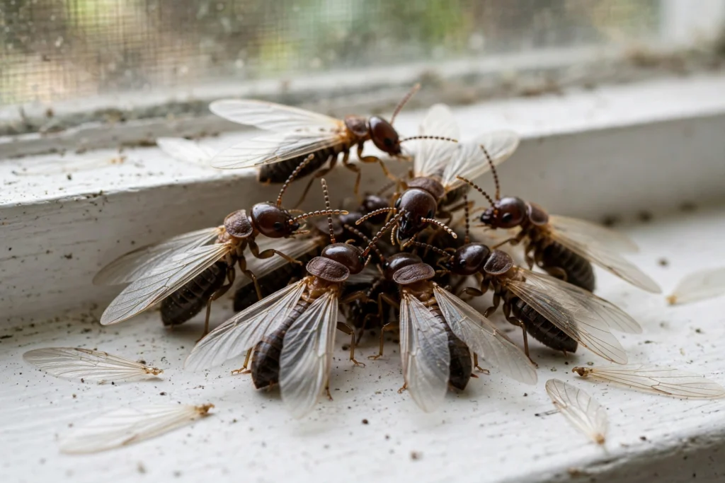 When Is Termite Swarm Season in Sacramento? 1 Termite swarmers with equal-length wings clustered on a white windowsill in a Sacramento home